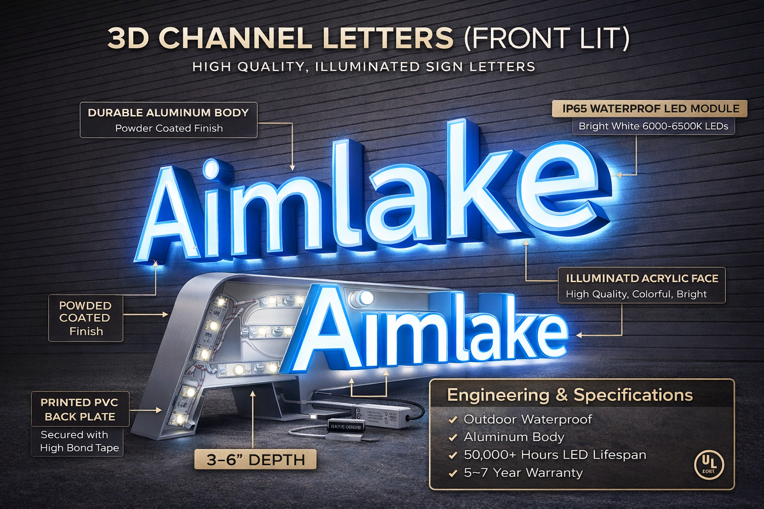 3D channel letters front-lit signage example