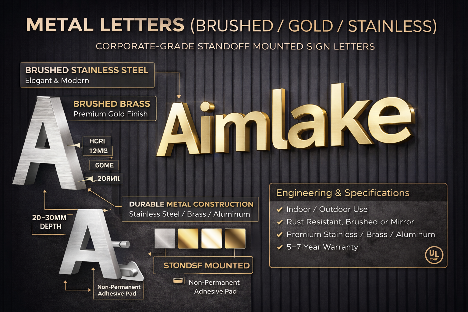 Metal letters with brushed, gold, and stainless finishes
